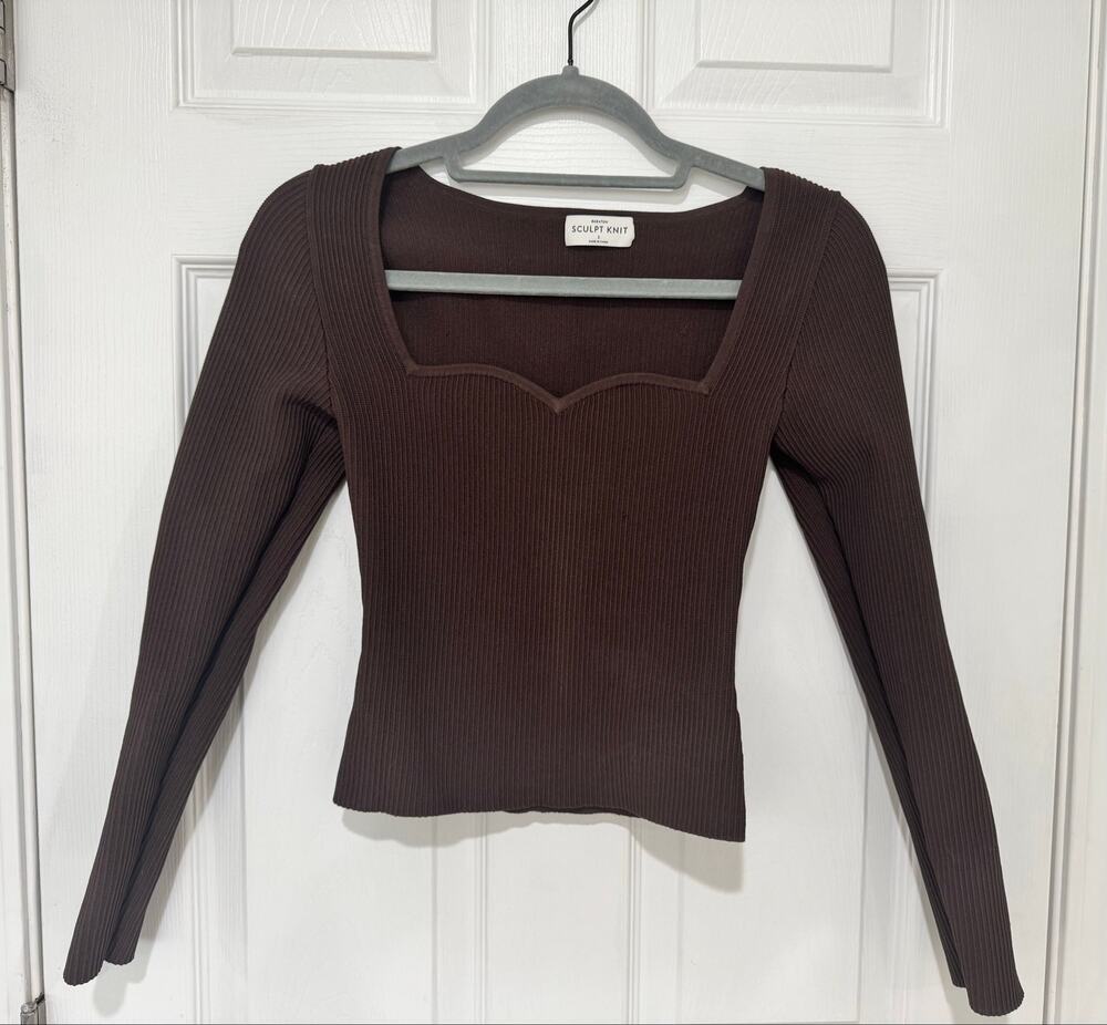 Babaton Sculpt Knit Sweetheart Long Sleeve Brown Ribbed Top Small